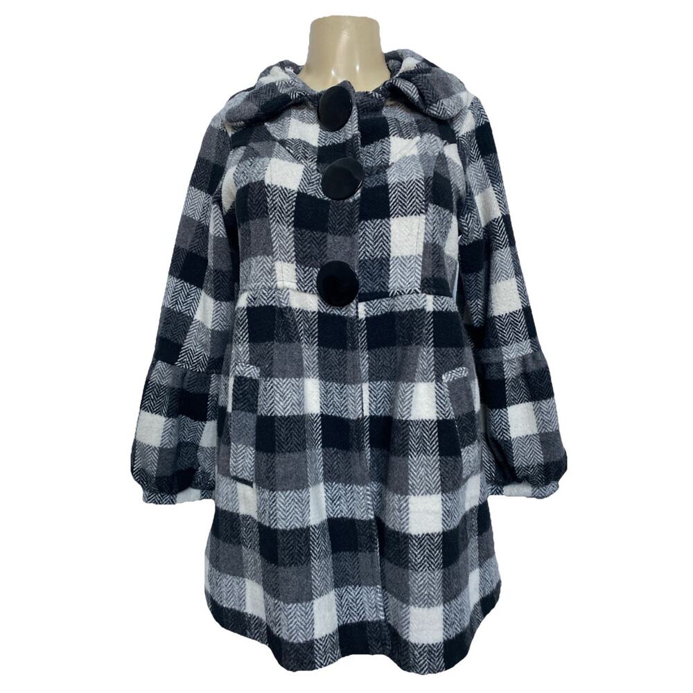 Agnes B Pea Coat Plaid Black White Jacket Puff Sleeve Snap Slip Pockets …